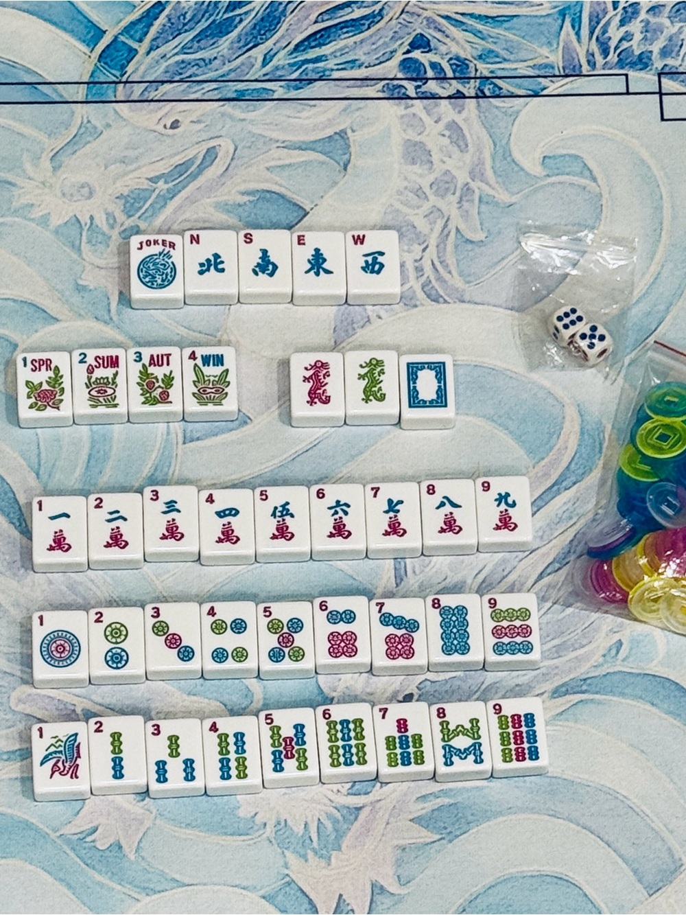 Classic Mahjong Tile Set - blue, pink, green